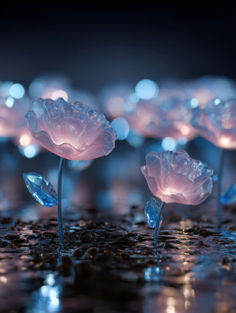 Colorful flowers glow softly in the dark, illuminating their translucent petals and creating a serene atmosphere. Reflective surfaces enhance their beauty.の素材