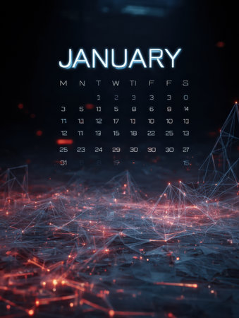 Futuristic representation of January calendar surrounded by glowing lines and geometric shapes, creating an energetic and modern atmosphere.の素材