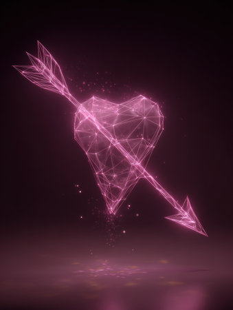 A stunning digital creation showcases a heart pierced by an arrow, illustrated with interconnected lines and glowing pink hues against a dark backdrop.の素材