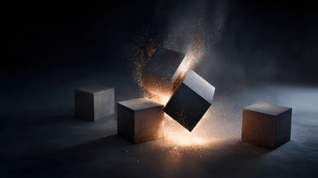 Metallic cubes are captured mid-explosion in a dark environment, emitting sparks and energy. The scene highlights motion and intensity with vivid details.の素材