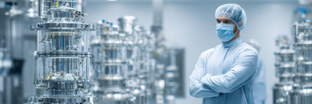 Technician in a clean room observes complex machinery while wearing protective gear, ensuring quality and safety in pharmaceutical production.の素材