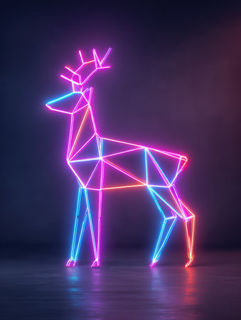 A striking deer sculpture made of neon lights stands proudly, showing a blend of color and geometry. The glowing design creates a captivating atmosphere.の素材