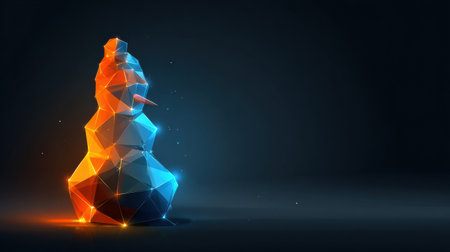 A unique snowman crafted from geometric shapes glows with warm orange and cool blue lights against a dark backdrop, creating a striking visual effect.の素材