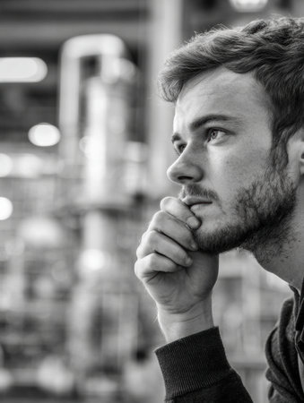 A young man sits in an industrial space, deep in thought with his chin on his hand, reflecting.の素材