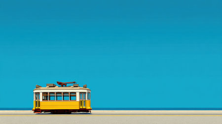 A vintage yellow tram moves slowly along an empty sandy beach under a bright blue sky. Tranquility fills the scene as the waves softly lap at the shore.の素材