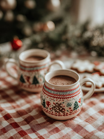 Two decorative cocoa cups sit on a checkered tablecloth, surrounded by Christmas treats and decorations, creating a warm holiday atmosphere.の素材