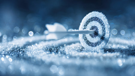 A dartboard with a dart is positioned on a blue glittering surface, creating a tranquil scene filled with sparkling details and crisp focus.の素材