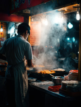 Vendor stirs sizzling food at a bustling outdoor stall, surrounded by steam and bright lights, creating an inviting atmosphere during the evening hours.の素材