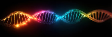 Brightly colored DNA strands twist and shimmer against a dark backdrop, showing the intricate structure and beauty of genetic material in a vivid display.の素材