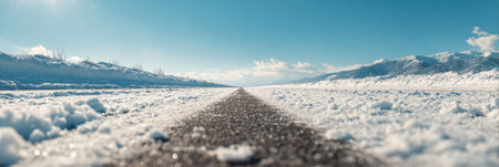 A snow-covered road stretches straight ahead, flanked by snowbanks and mountains under a clear blue sky, creating a peaceful winter scene.の素材