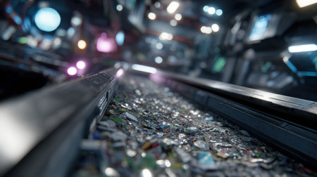 A detailed view of a futuristic space environment showing a pathway scattered with fragmented objects, illuminated by colorful lights from advanced tech.の素材