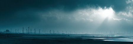 A coastline scene features a beach with wind turbines in the background. Dark clouds hang overhead, and sunlight breaks through, creating dramatic lighting.の素材