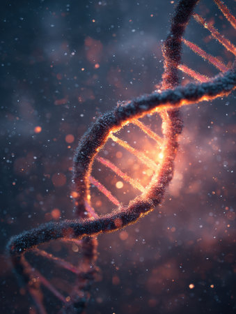 Detailed strands of DNA glow against a dark background, enhancing the beauty of their twisted structure while particles float gently through the scene.の素材
