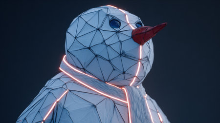 A unique snowman sculpture features intricate geometric patterns with glowing lines.の素材
