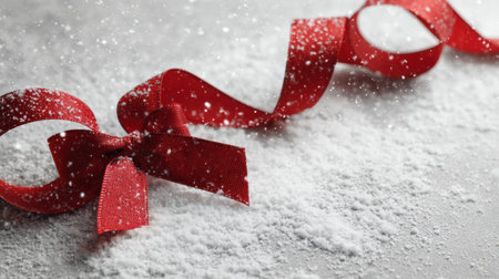 A red ribbon lies on a snowy surface, with gentle snowflakes falling, bringing a warm feeling of holiday cheer and celebration during winter.の素材