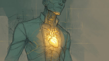 A humanoid figure stands with a glowing heart at its center, representing the fusion of technology and humanity.の素材