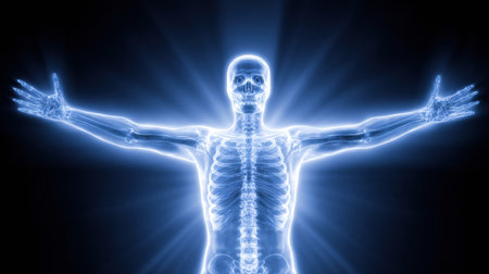 Skeleton figure illuminated with blue rays stands with arms outstretched, emphasizing the intricate details of the bone structure in a dramatic visual.の素材