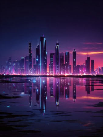 Colorful city skyline at dusk with bright lights and reflections on water. Skyscrapers create a beautiful contrast against the evening sky.の素材