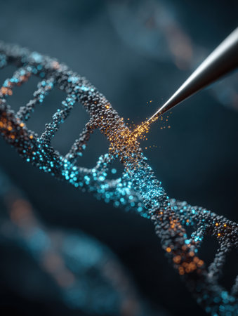 A close view of a DNA double helix where a tool is precisely applying modifications.の素材