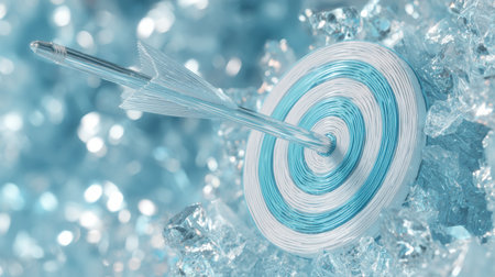 An arrow perfectly hits the center of a spiral target surrounded by glistening ice crystals, capturing a moment of precise aim in a cool setting.の素材