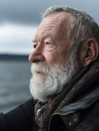 An elderly man with a gray beard and scarf reflects on life while looking out over a serene lake, surrounded by soft light and clouds in the evening.の素材