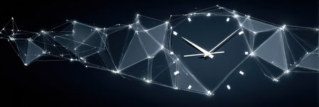 A creative design featuring a clock created from interconnected geometric shapes and glowing points, set against a dark backdrop to emphasize time.の素材
