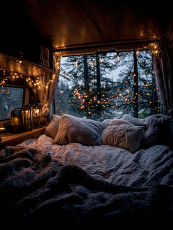 Soft blankets and cushions create a snug atmosphere inside a van, illuminated by warm fairy lights, with a blurred forest view outside on a cloudy day.の素材