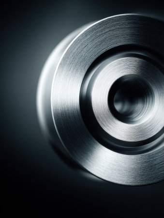 Detailed close-up of a polished metal component with a smooth surface, capturing light reflections in a dark background, highlighting craftsmanship.の素材
