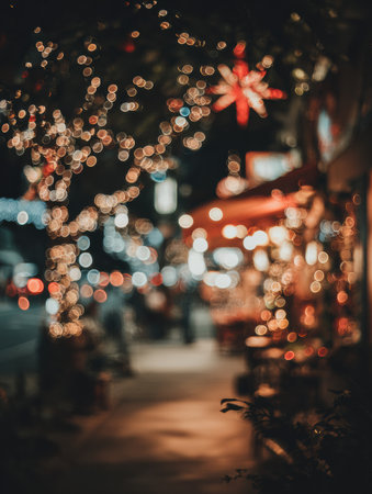 The bustling city street shines with sparkling lights and decorations, as pedestrians enjoy the festive atmosphere on a lively night filled with joy.の素材
