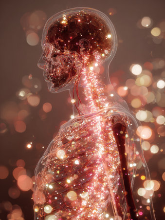 This artwork features a detailed profile view of a human figure illuminated with sparkling elements, highlighting the complexity of anatomical structures.の素材