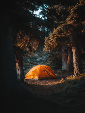 A bright orange tent stands alone in a peaceful forest, surrounded by tall trees and illuminated by soft morning light, creating a serene atmosphere.の素材
