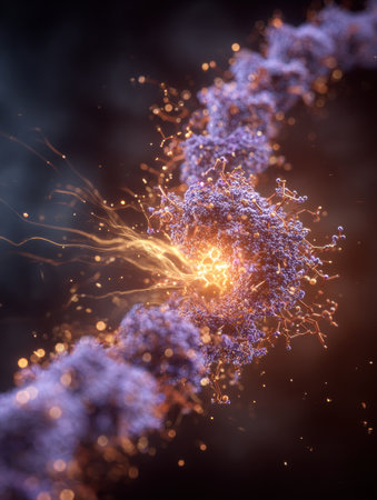 The molecular structure reveals a complex arrangement of particles interacting with vibrant energy, emphasizing scientific exploration and discovery.の素材