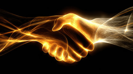 A vibrant handshake between two glowing hands symbolizes partnership and cooperation, radiating energy in a dark space.の素材