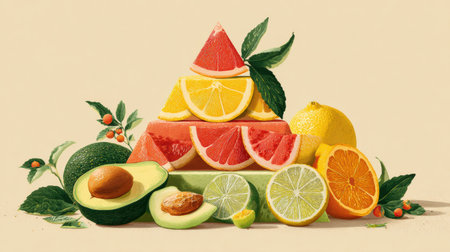 A striking arrangement of fresh fruits, including avocados and various citrus slices, decorated with green leaves, creating an eye-catching display.の素材