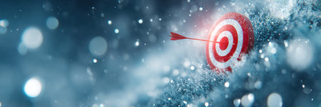 A dart strikes the center of a red and white target located on a snowy surface, with shimmering snowflakes creating a magical atmosphere.の素材