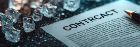 A signed contract rests on a table alongside scattered ice cubes and a pen, highlighting a business arrangement in progress.の素材