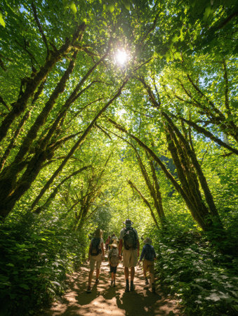 A group of hikers strolls along a shaded trail, surrounded by towering trees and vibrant greenery, enjoying a sunny day in a forest setting.の素材