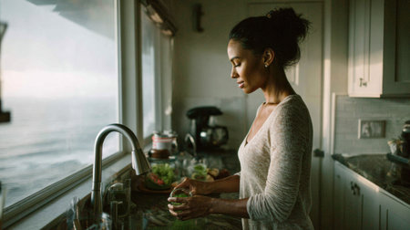 A woman stands at the kitchen counter focusing on fresh ingredients while enjoying a serene view of the ocean as evening light pours in.の素材