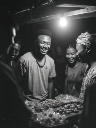 Joyful interactions occur at a night market where people gather around a food stall, sharing smiles while enjoying local delicacies and vibrant ambiance.の素材