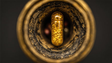 Golden capsule sits centered within a textured surrounding, revealing fine details and colors in an intriguing, artistic display under natural light.の素材