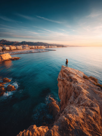 A person stands on a rocky cliff edge, gazing at the calm sea and distant city as the sun sets, casting warm colors across the horizon.の素材