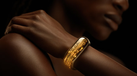 A close-up view of a hand wearing a sleek, golden wearable gadget, emphasizing its design and the contrast against dark skin and background.の素材