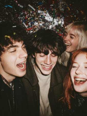 Four friends enjoy a joyful celebration, laughing together amidst bright decorations and confetti, creating a festive atmosphere.の素材