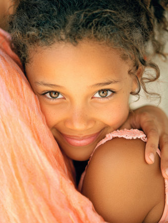 A young girl smiles brightly, leaning against the shoulder of her caregiver, highlighting a tender moment filled with affection and joy.の素材