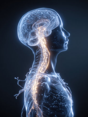 This artwork showcases a side view of a human figure highlighting the brain and spinal cord with illuminated neural pathways against a dark background.の素材