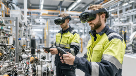 Two engineers wear virtual reality headsets while engaging with machinery in a high-tech industrial facility, focusing on maintenance tasks.の素材