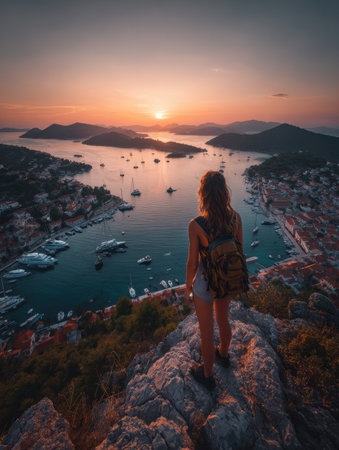 At a rocky viewpoint, a person stands with a backpack, admiring a stunning sunset over a tranquil harbor filled with boats and surrounded by hills.の素材