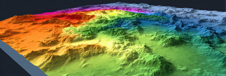 Colorful terrain model displays various elevation changes across mountains, highlighting peaks and valleys in dynamic hues under a shaded light.の素材