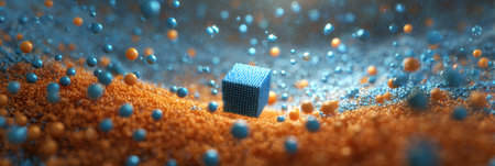 A bright blue cube stands out amidst a swirling mix of orange and blue spheres, creating a captivating abstract visual with depth and texture.の素材