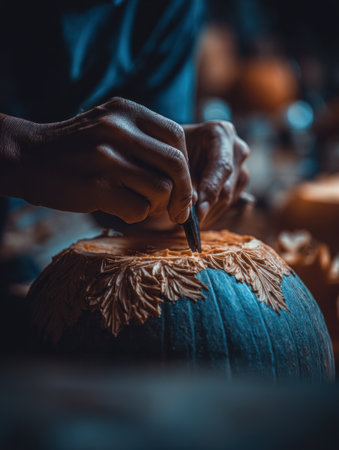 Craftsman carefully etches detailed patterns into a pumpkin, surrounded by tools and autumn decor, creating a festive atmosphere in the workshop.の素材
